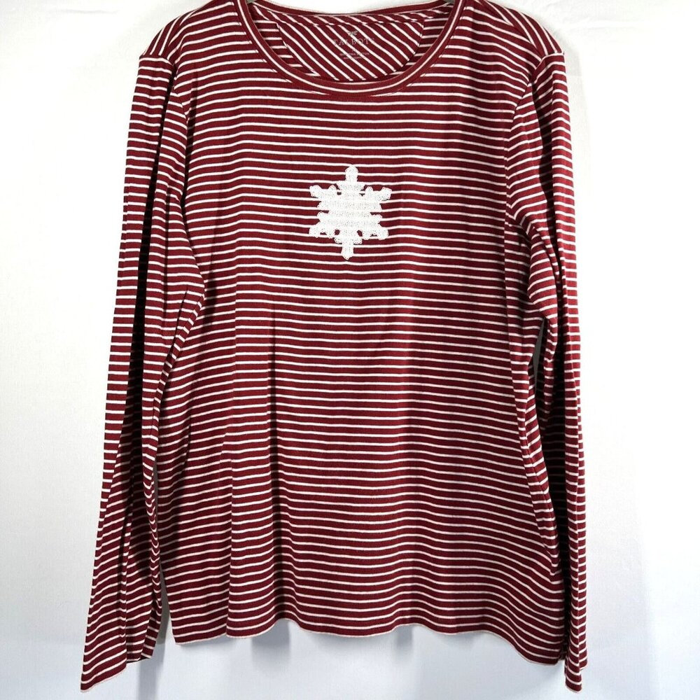 Talbots Top XL Red White Striped Sequin Snowflake 100% Pima Cotton Long Sleeve